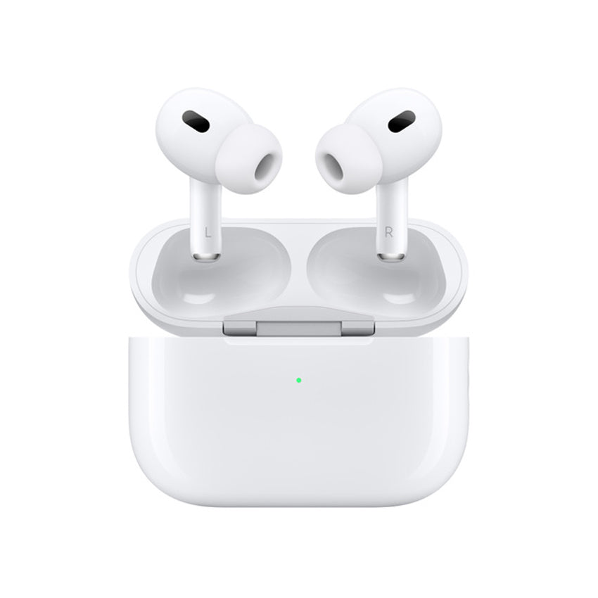Front view of AirPods Pro above an open Charging Case, fully charged.